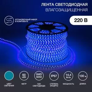 LED лента 220 В, 13х8 мм, IP67, SMD 5050, 60 LED/m, цвет свечения синий 